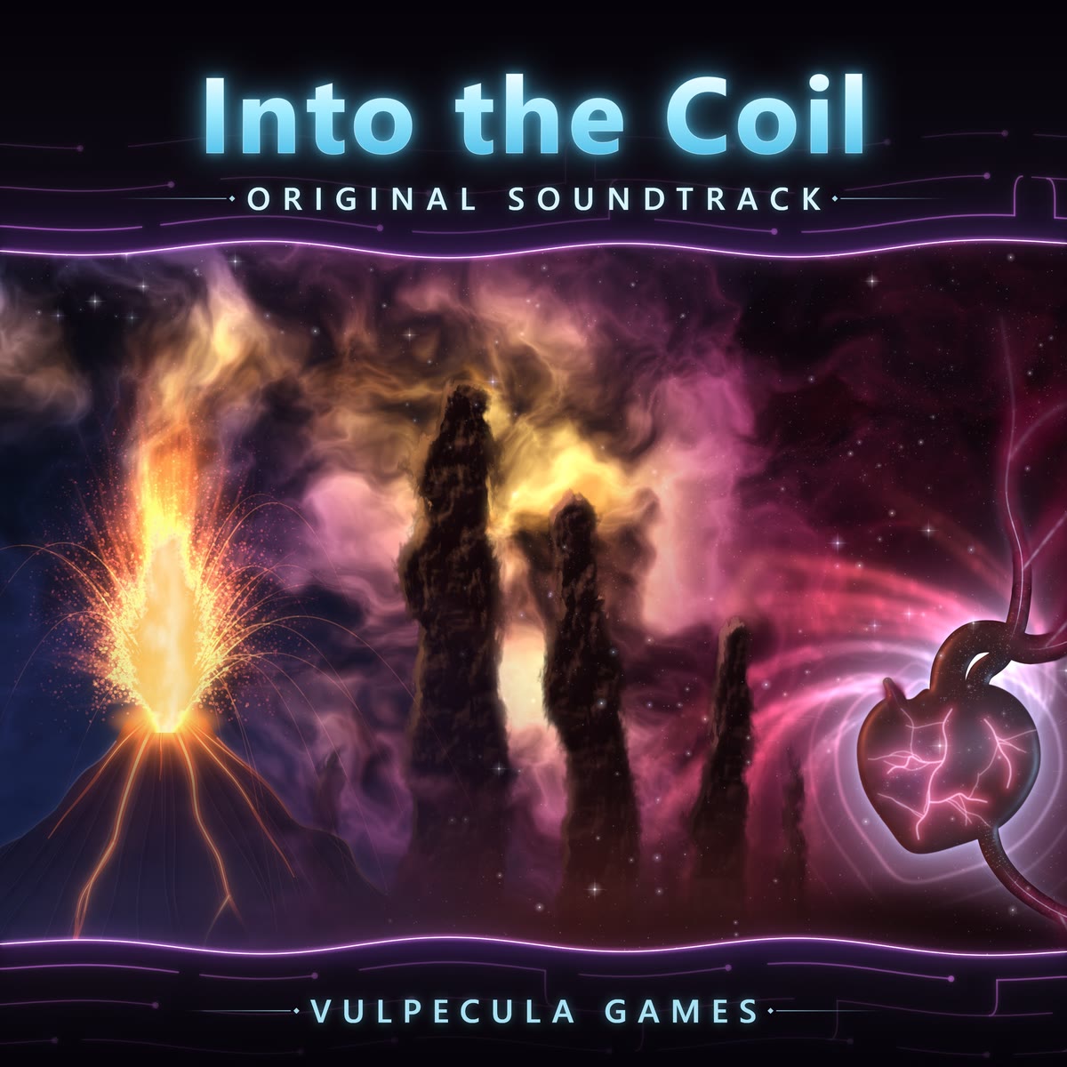 Into the Coil: a painted nebula with an erupting volcano, dark stone pillars and a black heart threaded with light.