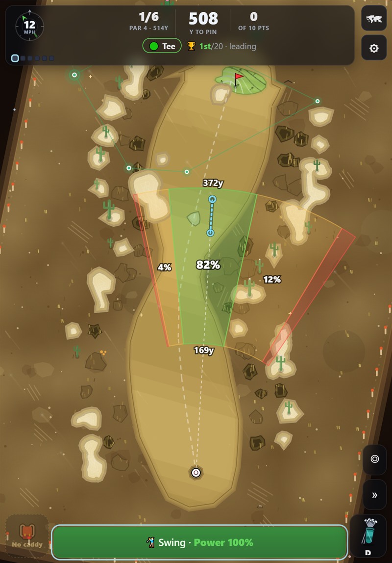 The play screen while aiming: the ball at the bottom, a cone of possible ball flights opening out toward the green, controls along the bottom edge.