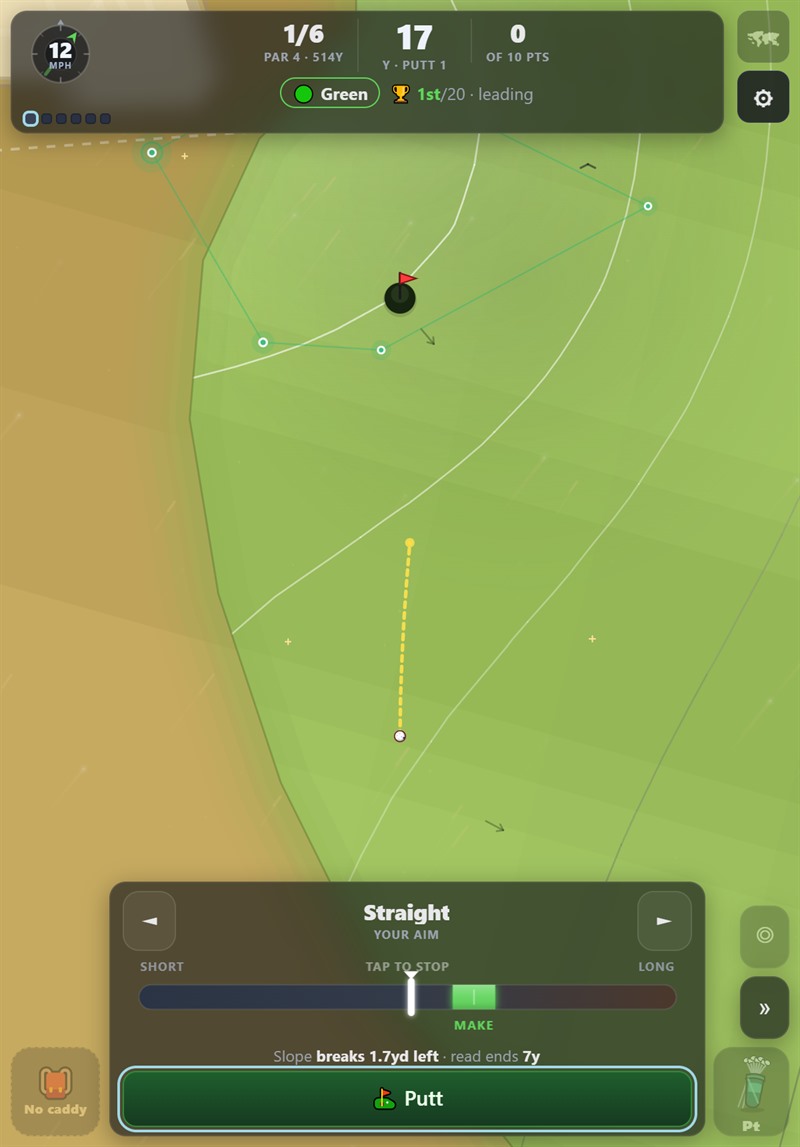 The putting screen: a contoured green with the ball, the hole, a curved break line and a pace meter along the bottom.