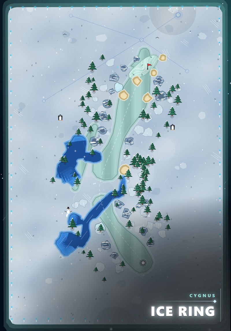 A golf hole on the ice ring: pale exposed links running between frozen ridges.